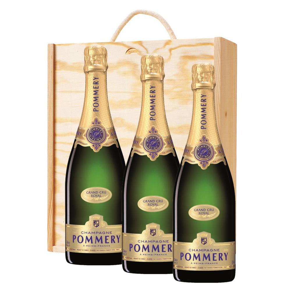 3 x Pommery Grand Cru Vintage 2006 Champagne 75cl In A Pine Wooden Gift Box